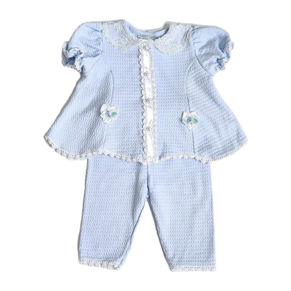 Vintage Baby Togs Light Blue Seersucker Pants Set Girls 3-6M Lace Satin Trim